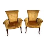 1940s-50s Pair of Golden Velvet Hollywood Regency Button Back Chairs With Wood Accents