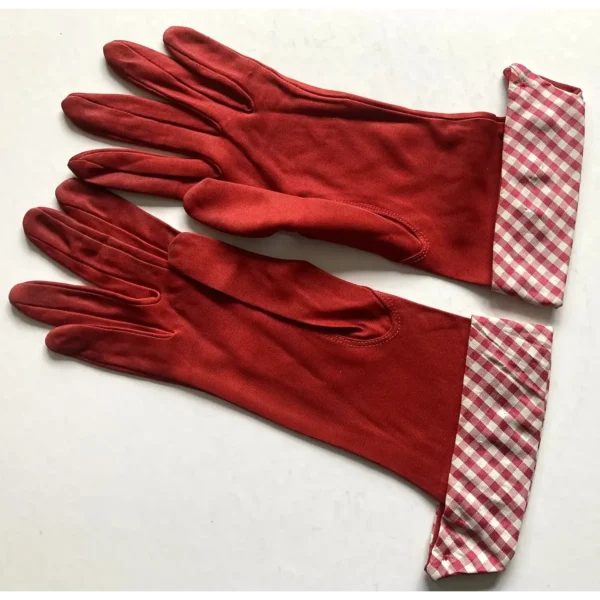 1940's Red Rayon Gloves With Red & White Plaid Cuffs By Max Mayer Made In USA
