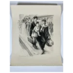 Family at steam engine passenger train depot - signed, original pencil drawing (Mariano Andreu Estany)