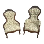 Mid 20th Century Vintage Sage Green Floral Victorian Tufted Chairs - a Pair