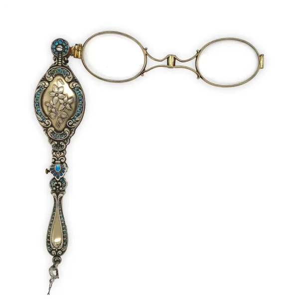 Vermeil Sterling and Enamel Victorian Lorgnette Glasses with Violets and Chain