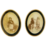 Victorian pair of wall ambrotype photos, gilt brass frames, small children “Bless my heart how cold it is”