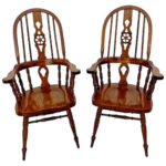 Vintage Windsor Arm Chairs Set of Two Solid English Oak Matching Pair